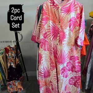 Pink and White Leaf Print Cord Set